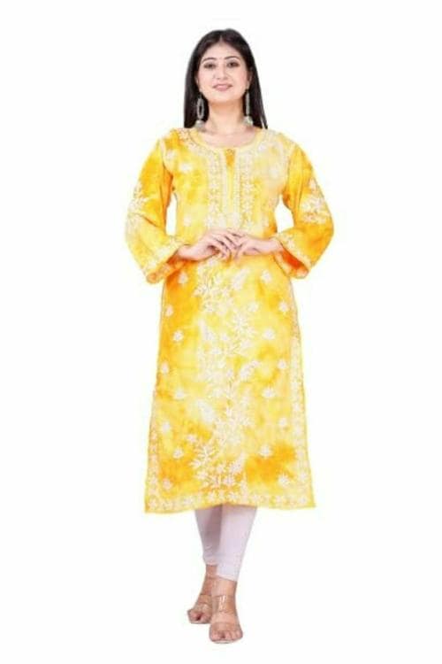 UB WOLF Women's Bandhani Print Designer Tie Dye Embroidery Cotton Straight Yellow Kurta/Kurti/Suit Regular Fit with Pack of 1