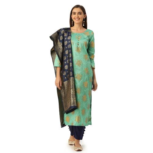 KVSFAB Women's Teal & Navy Blue Color Woven work Jacquard Febric Unstitched Dress Material