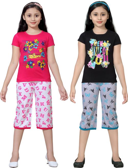 SINI MINI Half Sleeve Multicolor5 Girls Casual Pack of 2 Nightsuit