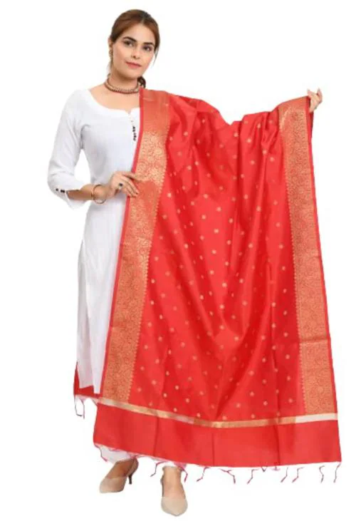 Moeza Women Red Silk Woven Design Banarasi Dupatta