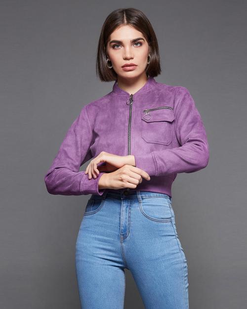Miss Chase Women Lavender Solid Polyester Single Jacket