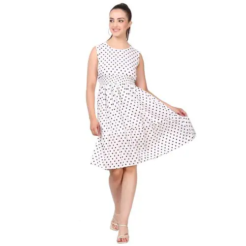 VEE TRENDS Polyester Sleeveless Western Dress For Womens (Color:-White Multi, Size:- M)