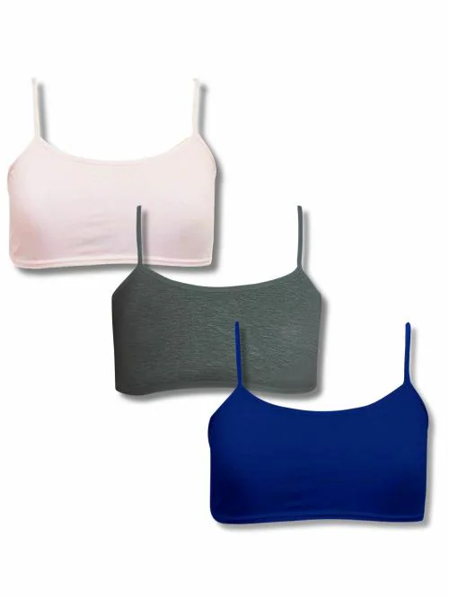 Dchica Girls Thin Strap Single Layered Starter Bra | Pack of 3 Dark Grey, Royal Blue & Pink Bra