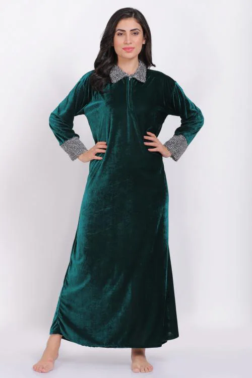 Mgrandbear Velvet Green Winter Nighty For Women