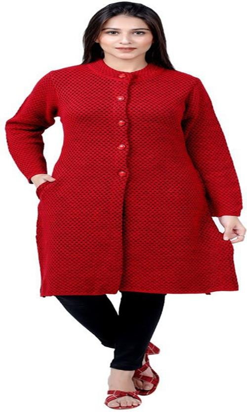 MANERA Woolly Self Design Round Neck Casual Women Red Woolen Sweater (Red)