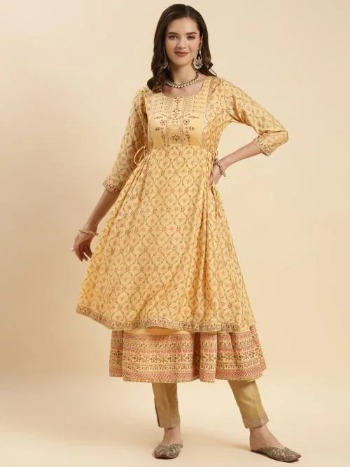 Rangita Women Yellow Silk Printed Calf Length Double Layered Kurti