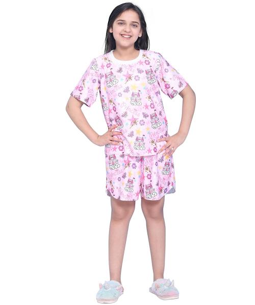 Curly Tales Girls Pink Printed Polyester Blend Top With Shorts (12 Years-13 Years)