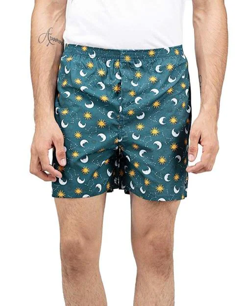 Whats Down Men Green Galaxy Pattern Pure Cotton Boxers - L