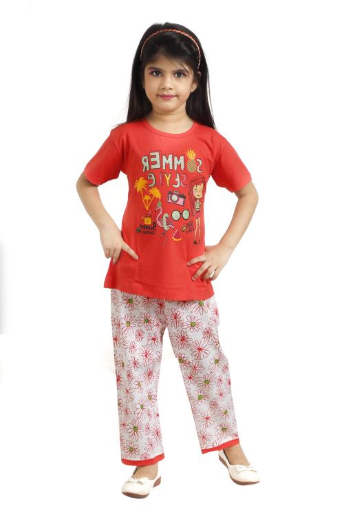 GUDWONE Kids Girls Comfortable Cotton Red Top and White Floral Capri Night Wear Top Bottom Set