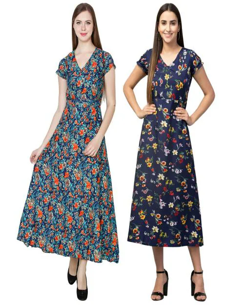 My Swag Women's Floral Print Combo Crepe A-line Maxi Dress Pack of 2