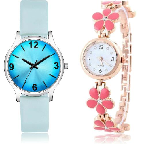 NEUTRON New Designer Simple And Flower Blue And Rose Gold Colour Analog Genuine Leather And Stainless Steel Belt 2 Watch Combo For Women And Girls - GM353-G461