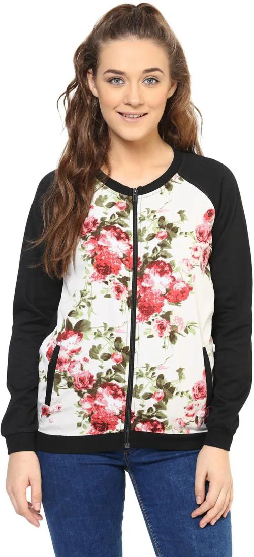 Buy Purys Women White, Black Floral Print, Printed Fleece Casual Jacket
