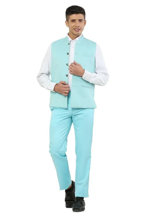 REFULGENT Premium Men Sky Blue Nehru Jacket With Trouser (Light Blue)