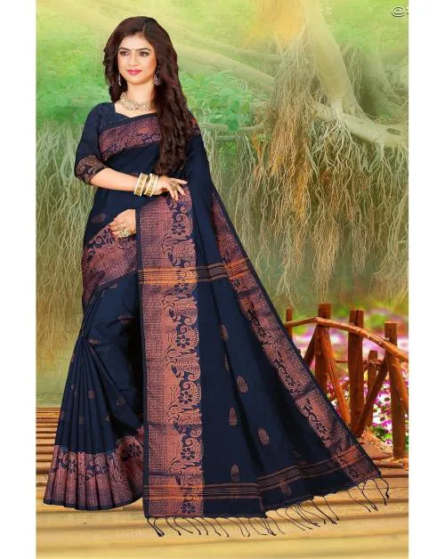 BULSARI Designer Handloom saree are woven from premium quality cotton silk threads with Blouse piece_Navy