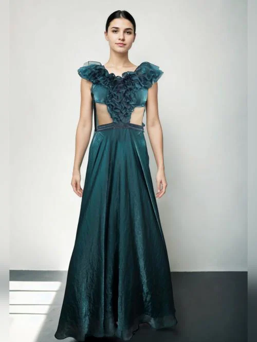 Gem Fashion Studio Green Shantoon Lehenga Set with Frill Neckline and Black Lace Work