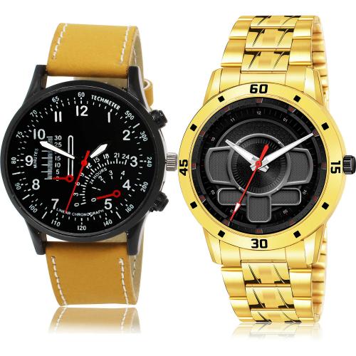 GROOT Best Casual Sports And Gold Chain Brown And Gold Colour Analog Genuine Leather And Stainless Steel Belt 2 Watch Combo For Boys And Men - B42-(8-S-21)