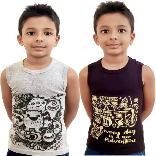HAP 100% Cotton Boys Multicolor Printed Vest | Tank top |Sleeveless Tshirt - Pack of 2 /Any Colour