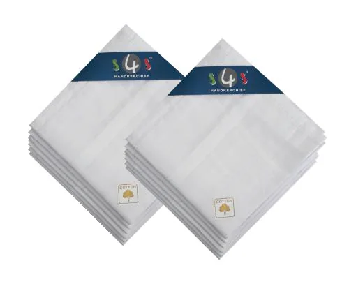 S4S 100% Cotton Pack of 12 Premium Handkerchiefs Hanky For Men, White, Large Size(46CM X 46CM)