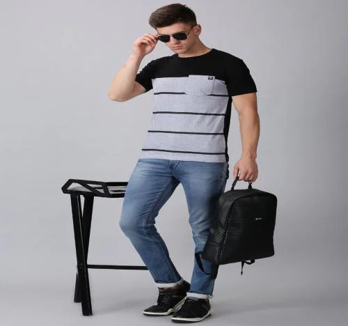 THE FASHION FACTORY Men Striped Round Neck Cotton Blend Black, Grey T-Shirt