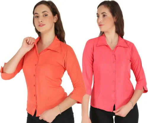 Hunoor Womens Dark Orange and Gajari Solid Crepe Pack of 2 Casual Shirt l women shirt l casual shirt for women