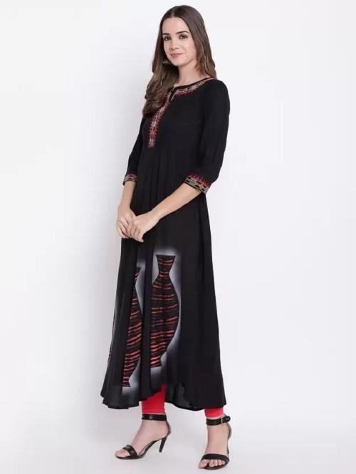 Alori Women Dyed/Ombre Viscose Rayon A-line Kurta  (Black)