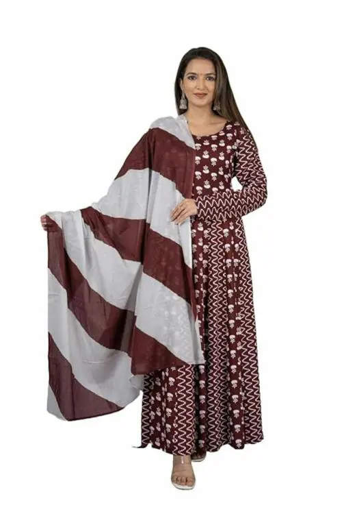 GOPIPREM Women's Rayon Flared Maroon Kurta with Dupatta ( XXL )