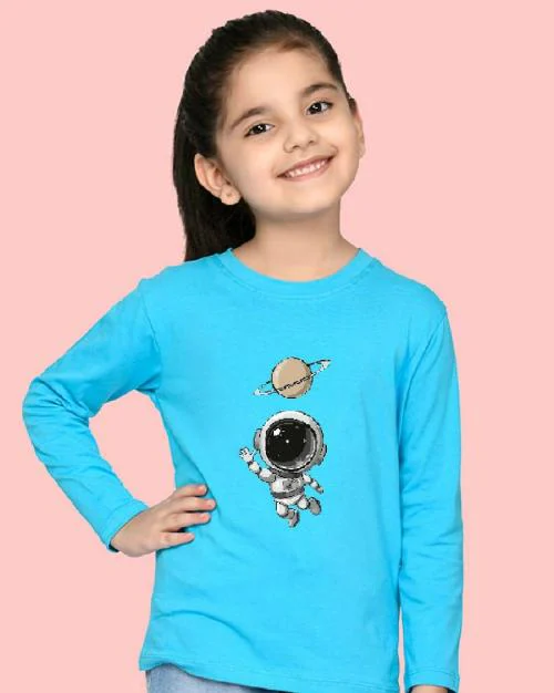 Nusyl Girls Sky Blue Astronaut Printed Full Sleeve T-shirt