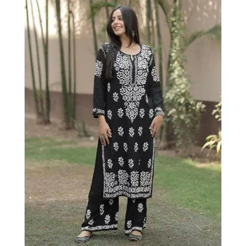 Nxika Women's Reyon cotton Traditional beautiful chikankari Kurta and Palazzo Set (Top plazo -Black_L)