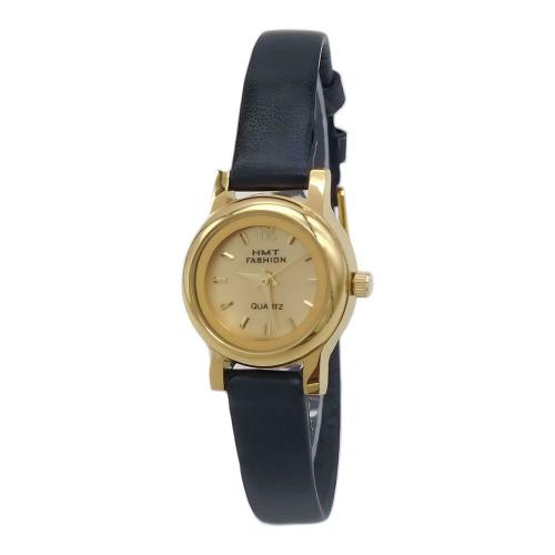 Buy HMT FASHION Round Golden Dial Quartz Leather Strap Watch for Women and Girls G6500 (Black