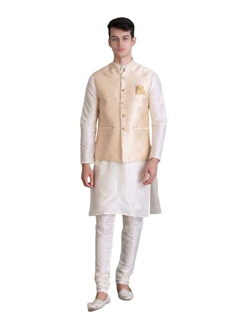 ethluxis Mens Off White, Orange and Beige Silk Blend Kurta Pyjama with Nehru Jacket, 40