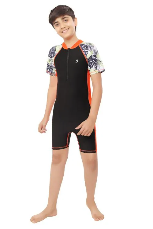 BOSKY SWIMWEAR Boy's Skinfit Spandex Multipurpose Wear for Swimming, Diving, Cycling - Half Sleeves Imported Lycra, 4-Way Stretch, Utility Style, Unisex Black Swim Suit (14-16 yrs)