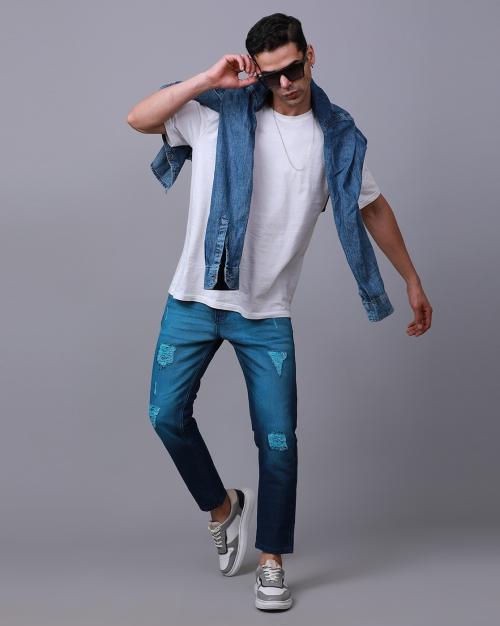 9cs Jeans Knitted jeans ankle length jeans for men Highly torn jeans Blue Colour 32 Size