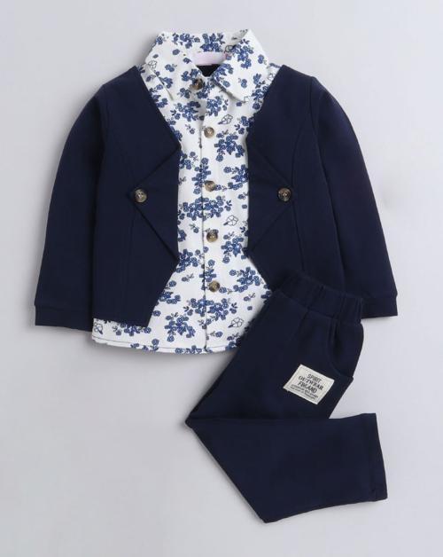 Hopscotch Boys Cotton And Spandex Floral Print Shirt and Pant Set In Navy Colour For Ages 3-4 Years (SN-2620684)