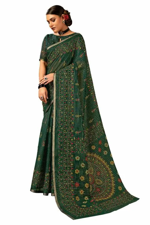 Reeta Fashion Elegant Emerald Green Cotton Printed Cotton Saree with Unstitched Blouse