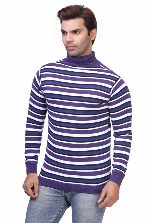 STAR COTTON Men Knitted Purple High Neck Cotton T-Shirt Full Sleeve Striped Regular Fit _XXL