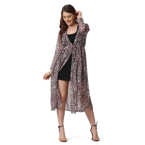 BuyNewTrend Light Brown Georgette Leopard Print Long Women Shrug