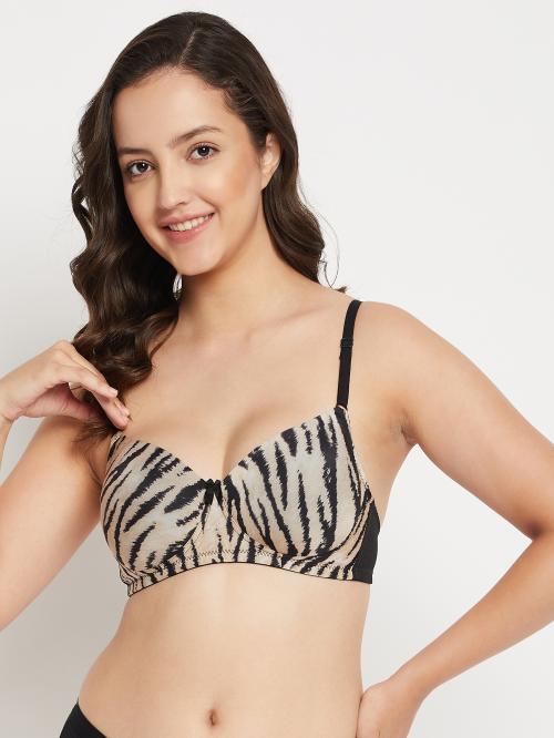 Clovia Padded Non-Wired Full Cup Printed T-shirt Bra in Nude Colour