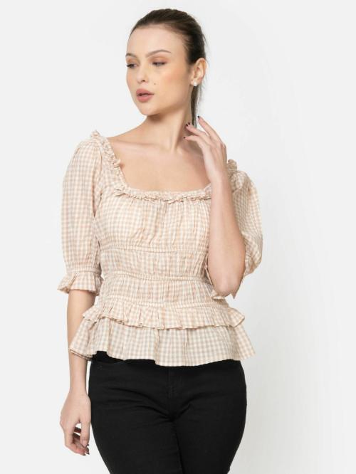 June 9 Clothing Women's Cotton Seersucker Gingham Check Brown Shirt Tops for Women