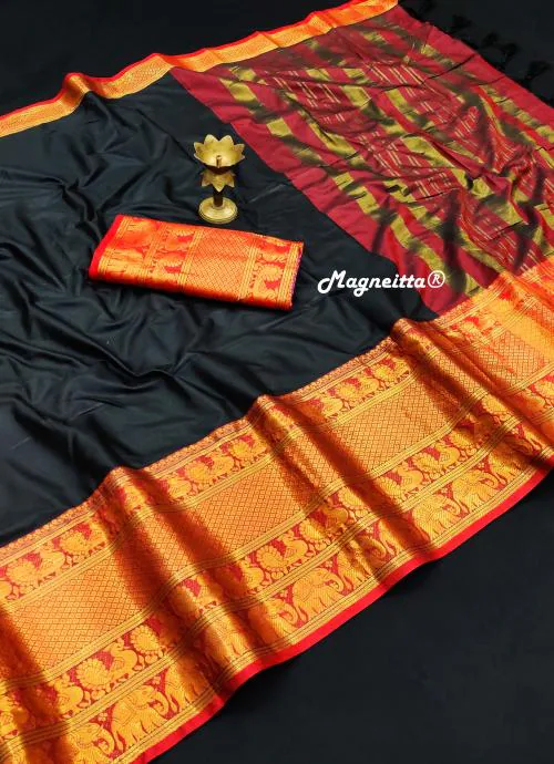 SuperLaxmi Self Design, Woven Mangalagiri Cotton Silk, Pure Silk Saree (Black)
