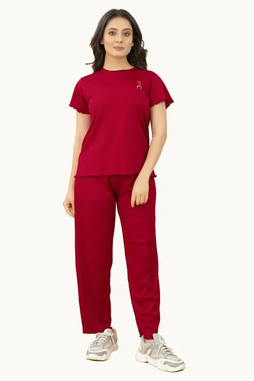 Marabout Women Red Self Design Cotton Blend Tshirt and Pyjamas Set (XL)
