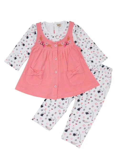 NammaBaby Girls Pink Printed Cotton Blend Single A-line Dress with Leggings