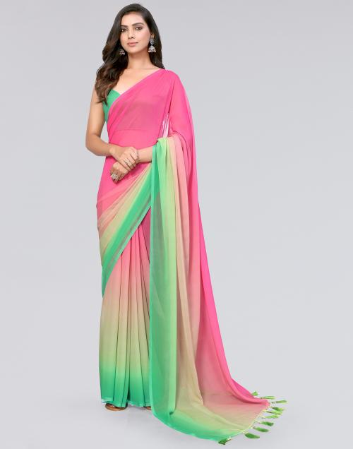 Siril Georgette Green & Pink Color Saree with Blouse piece