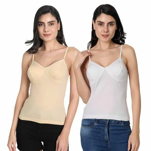 Aimly Women's Regular Fit Sleeveless Cotton Bra Cum Camisole Slip Spaghetti White Beige 2XL Pack of 2