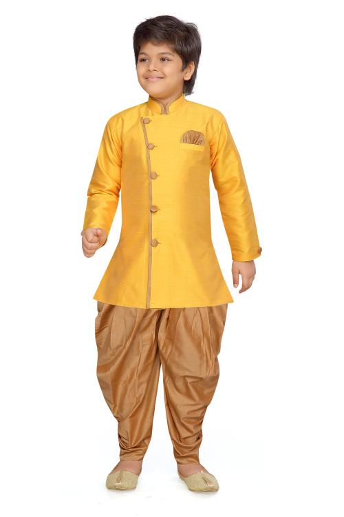 AJ Dezines Kids Ethnic Wear Yellow Silk Sherwani For Boys