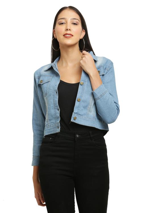 Aceola Women's Blue Washed Full Sleeves Buttoned Light Blue Denim Cropped Jacket-XL