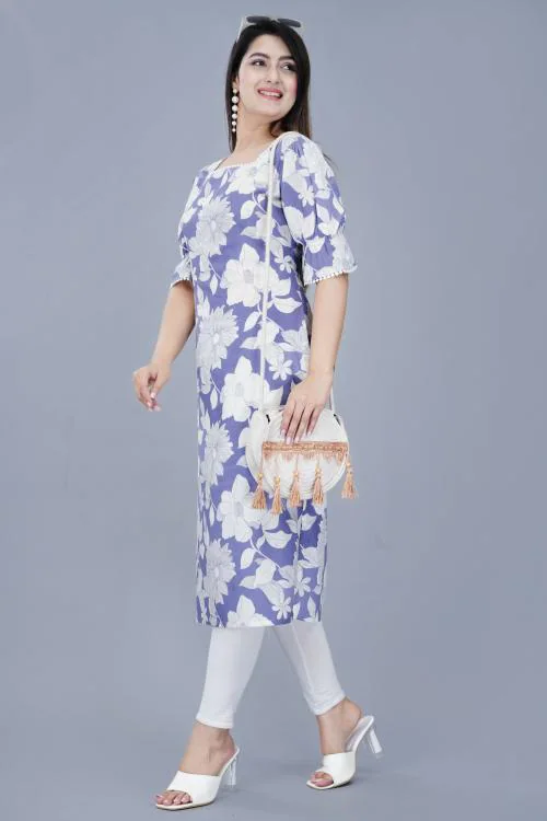 Mintmarie Women Wear Rayon Floral Print Calf Length Straight Blue Kurti-XL