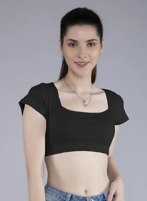 Ad2Cart Women Black Solid Pure Cotton Square Neck Short Sleeve Blouse (Xs)