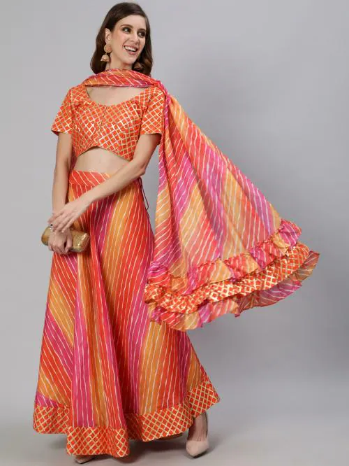 Orange & Pink Leheriya Digital Printed Lehenga Choli With Ruffle Dupatta Set