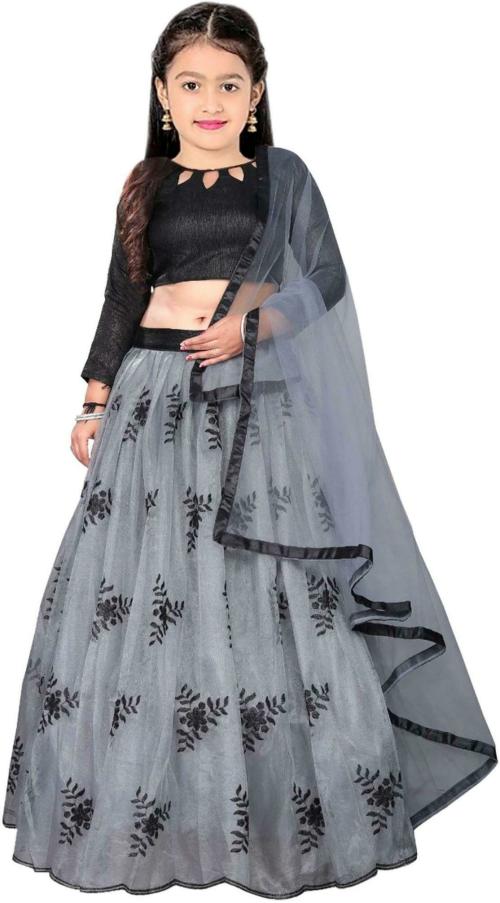 NIVUDI Baby Girls Grey Printed Satin, Net Lehenga Choli and Dupatta Set (11 to 12 Years)