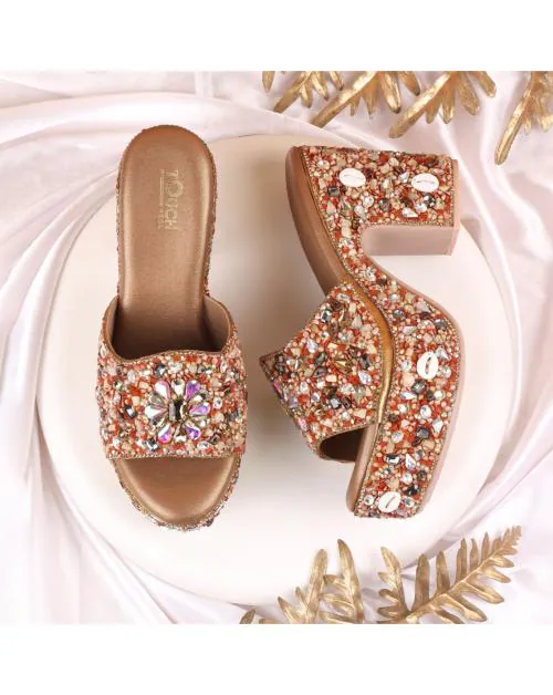 TOUCH HEEL Women Antique Rainbow Bridal Heeled Sandal |Size-40|Colour-ANTIQUE